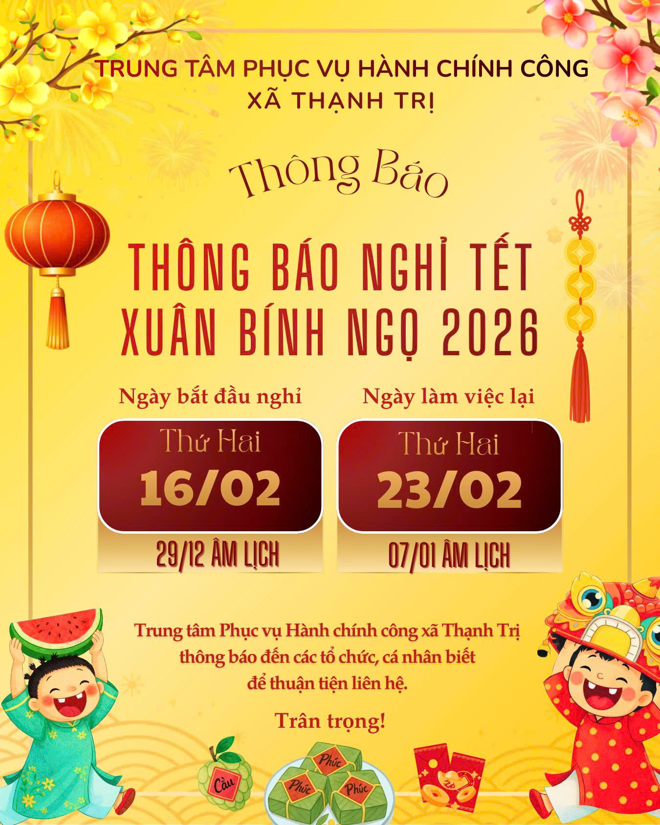 THÔNG BÁO LỊCH NGHỈ TẾT NGUYÊN ĐÁN NĂM 2026